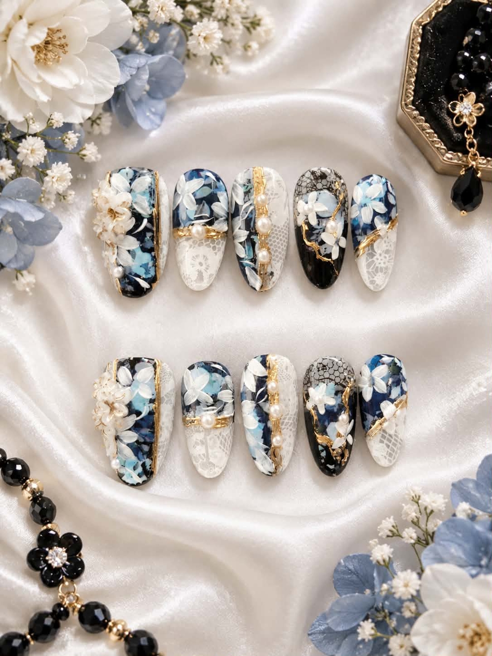 Hand-Painted Floral Blue & White Press-On Nails with Gold Accents